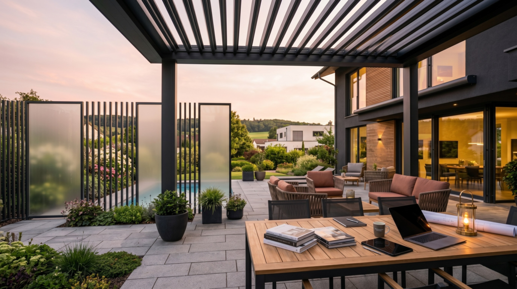 Moderne Terrassenüberdachung mit elegantem Sichtschutzzaun zur Einhaltung der Abstandsflächen zum Nachbargrundstück