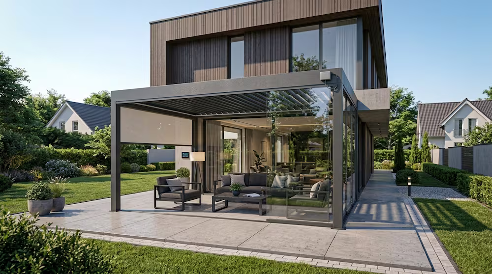 Moderne Flachdach Terrassenüberdachung Hessen Baugenehmigung Architektur