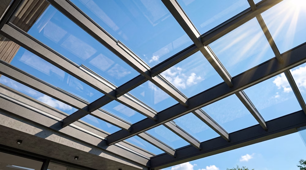 Flachdach Terrassenüberdachung mit Glaseindeckung und Aluminium-Struktur