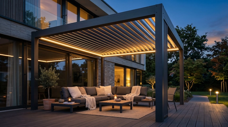 Exklusive Terrassenbeleuchtung mit integrierten LED-Spots für gemütliche Abende
