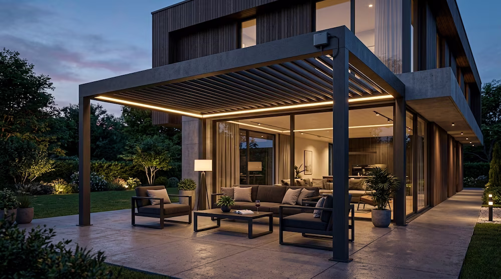 Moderne Lamellendach Motorisierung mit Smart-Home Integration und LED-Beleuchtung